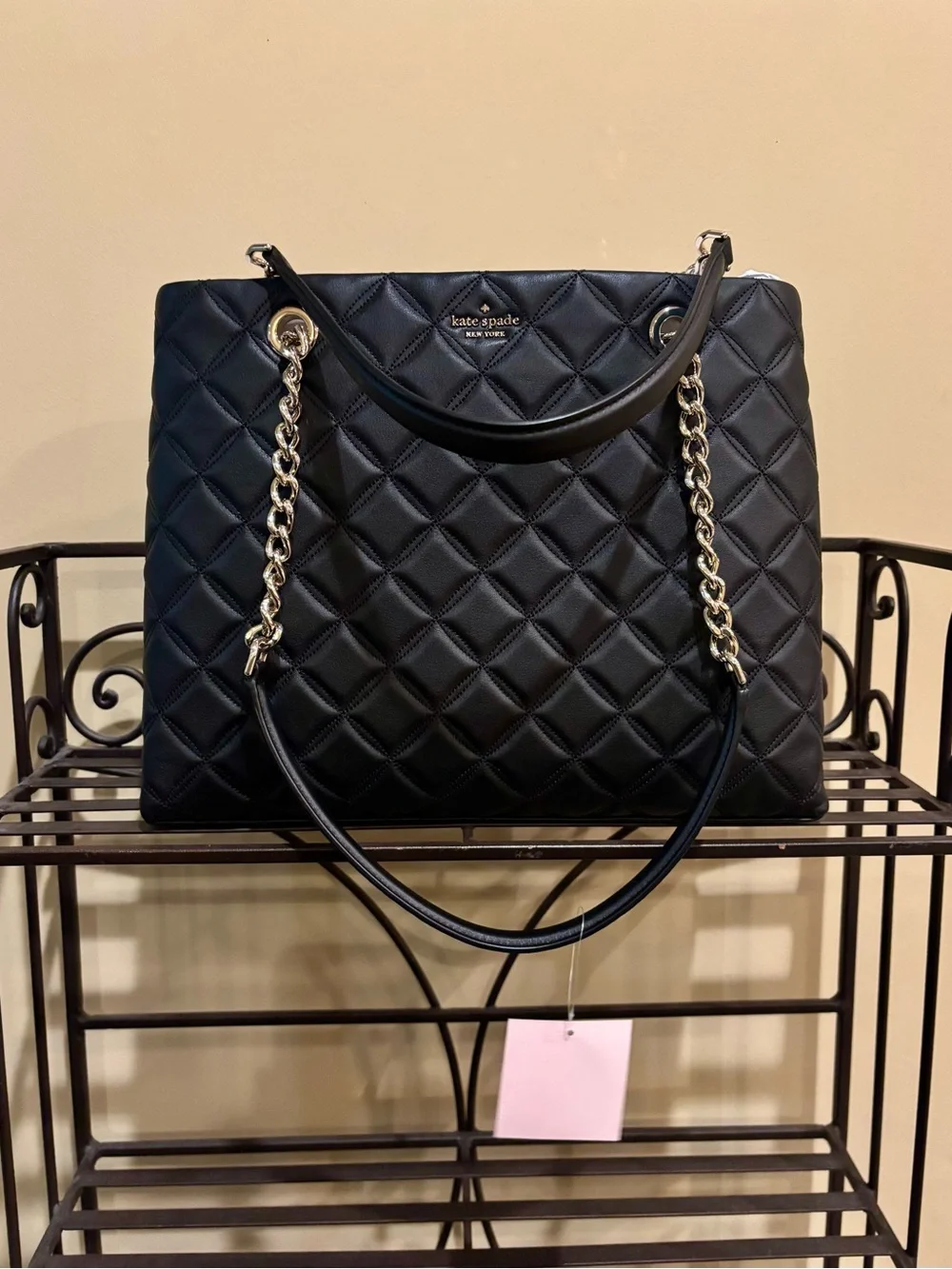 NWT kate spade Natalia Black Quilted Leather  Handbag with Chain-Accent Straps